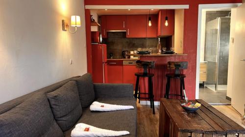 a living room with a couch and a kitchen at Le Relais de Solutré Parking Terrasse Cosy in Solutré-Pouilly