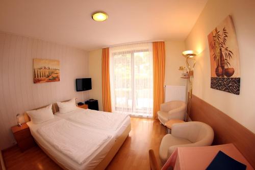 sypialnia z łóżkiem, krzesłem i oknem w obiekcie Hotel Schmid w mieście Bad Bellingen