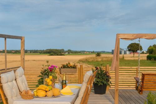 a table with fruits and vegetables on a wooden deck at Private 3 BR Villa! Jacuzzi Fireplace Near Lund and Malmö in Kävlinge