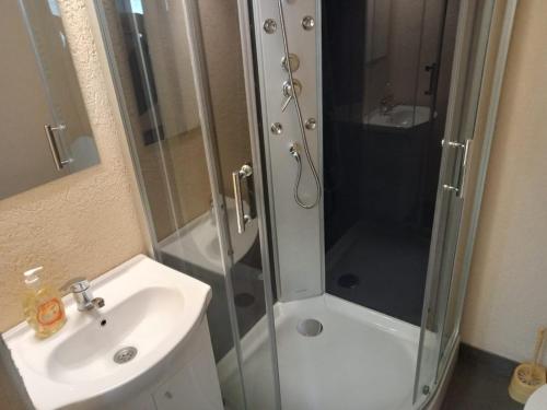 a bathroom with a shower and a sink at Casa Cornelia in Bran