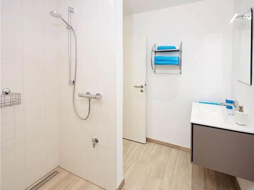 a bathroom with a shower and a sink at Strotzbüsch Forest Hideaway in Strotzbüsch