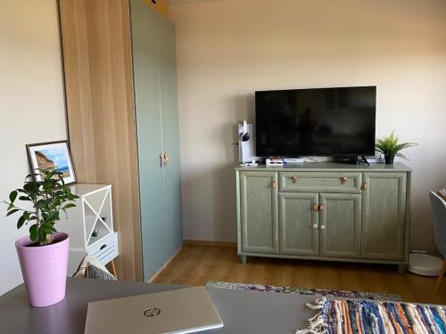 una sala de estar con TV en un armario verde en Sea View Apartment in Byala, en Byala