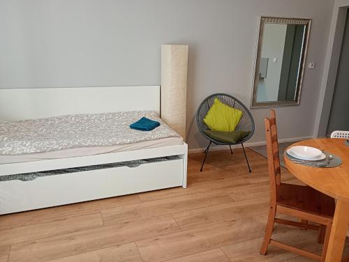 a bedroom with a bed and a table and a chair at Apartament Rzewuskiego in Przemyśl