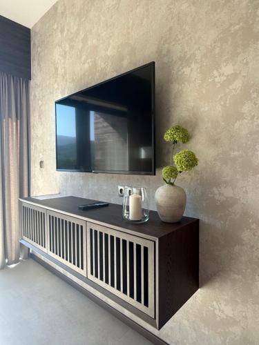 a living room with a tv on a wall at Lake Chill Sosnówka panorama na góry i zalew in Sosnówka