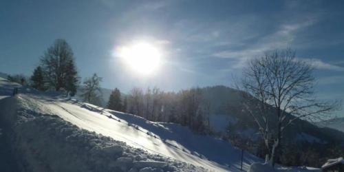 a snow covered hill with the sun in the sky at Haus Vögel in Sibratsgfäll