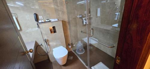 a bathroom with a glass shower and a toilet at Hotel Pentagon in Ettumānūr