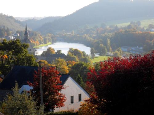 a view of a town with a lake and a church at Lakeview Stay in Vielsalm in Vielsalm