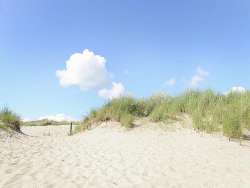 a sandy beach with grass and a blue sky at Beautiful Apartment in Callantsoog near Beach in Callantsoog