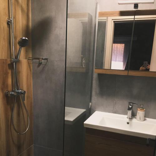 a bathroom with a shower and a sink at Mythos Maisonette in Myrina