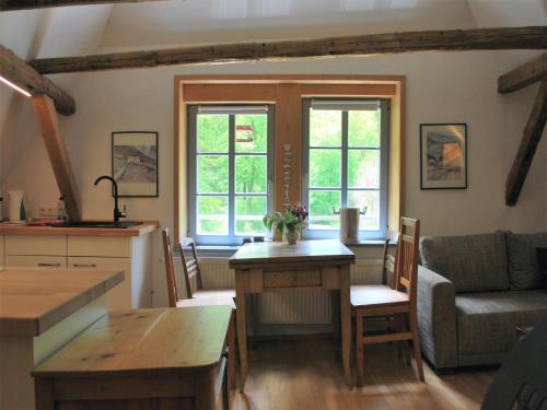 a kitchen and living room with a couch and a table at Chic Apartment in Thuringia with Sauna in Hamma