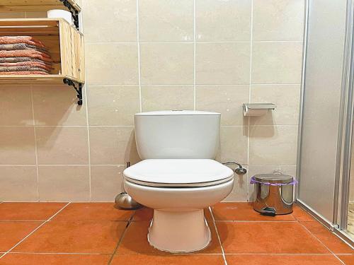 a bathroom with a white toilet in a room at Rural holiday home in Netos-Almagreira with shared pool in Lagares