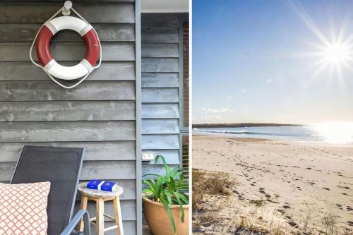 two pictures of the beach and a house with a lifesaver at Bawley retreat in Bawley Point