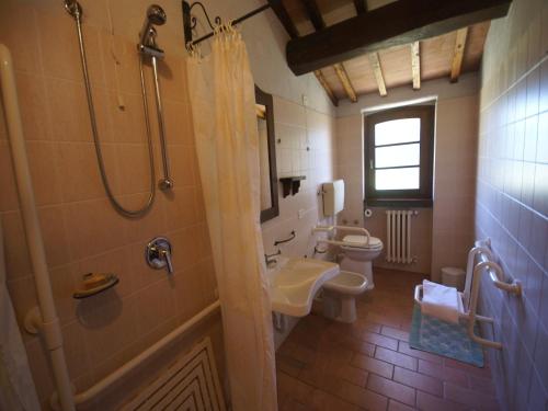 a bathroom with a toilet and a sink and a shower at Nice apartment with pool and beautiful garden in Montone