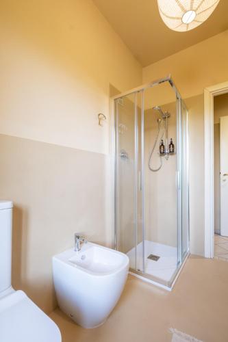 a bathroom with a shower and a white sink at LA GARBATA b&b in Castelnuovo Don Bosco