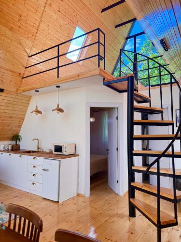 a loft kitchen with a spiral staircase in a house at Utopia Inn უტოპია ინნ in Batumi