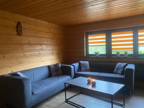 a living room with two couches and a table at Chatka Puchatka in Tenczyn