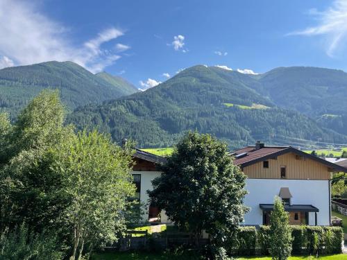 a house with mountains in the background at Apartments Garden House in Niedernsill