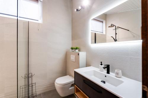 a bathroom with a sink and a toilet and a mirror at Villa with a beautiful sea view near the beach - by Traveler tourist agency Krk ID 2175 in Kornić