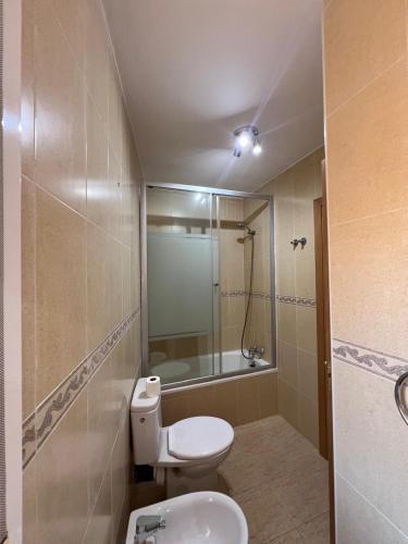 a bathroom with a toilet and a shower and a sink at Casa Sol y Valle in Sotillo de la Adrada