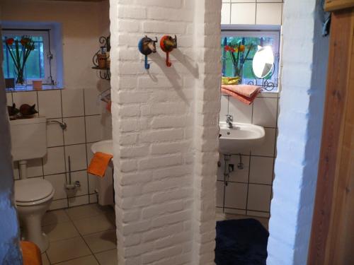 a bathroom with a toilet and a sink at Guest House near Coast in Wangels