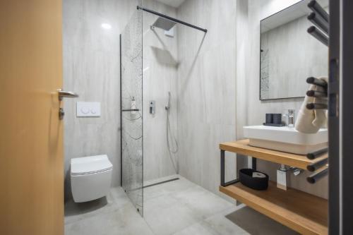 a bathroom with a shower and a toilet and a sink at 4 Évszak Hegyihotel in Mátraháza