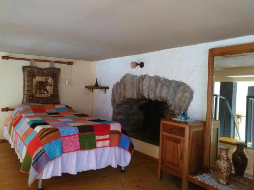 a bedroom with a bed and a fireplace at La Cantina Del Sole in Riccò del Golfo di Spezia