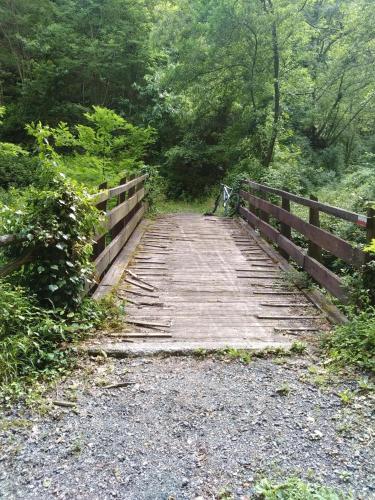 a wooden bridge over a dirt road with trees at La Cantina Del Sole in Riccò del Golfo di Spezia