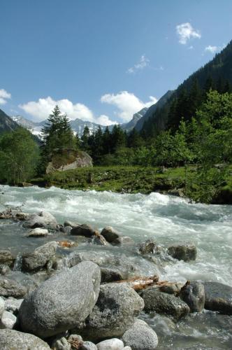 a river with rocks in the middle of a mountain at Zillertaler Stillupp Chalet by FeWo-Plan in Dornauberg