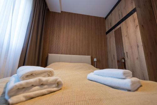 a bedroom with two towels on a bed at Crystal Luxury Apartments in Vrdnik