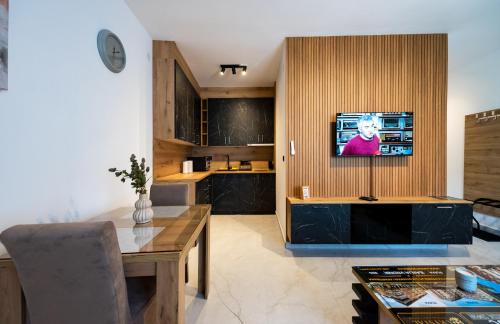 a living room with a television on a wooden wall at Crystal Luxury Apartments in Vrdnik