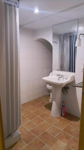 a bathroom with a sink and a mirror at Casa Jacobin in Ayerbe