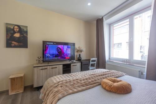 a bedroom with a bed and a flat screen tv at Chambres de luxe SDB WC Privés in Liège