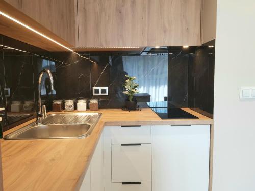 a kitchen with white cabinets and a sink at Apartamenty Cicha - bezpłatny parking in Krynica Zdrój