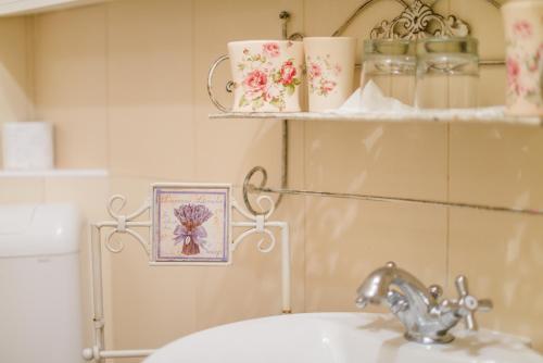 a bathroom with a sink and a shelf with towels at Villa Segalla in Rovinj