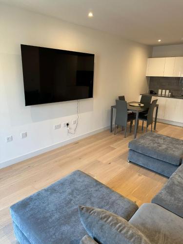 a living room with a couch and a television on a wall at Royal docks in London