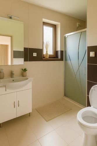 a bathroom with a toilet and a glass shower at Domček Lodenica in Šintava