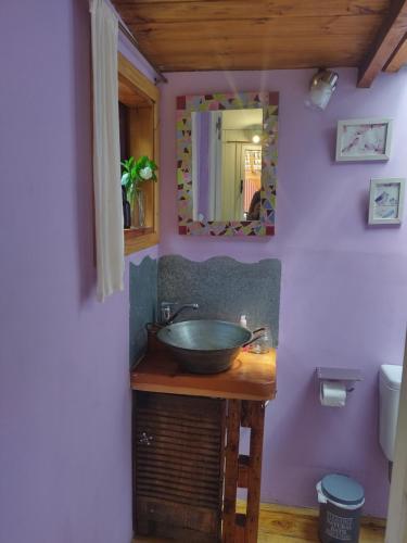een badkamer met een wastafel en een spiegel bij Cabañita del bosque in Bariloche