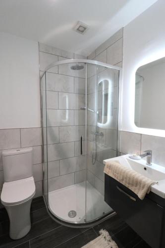 a bathroom with a shower and a toilet and a sink at No 26 Town House in Killarney