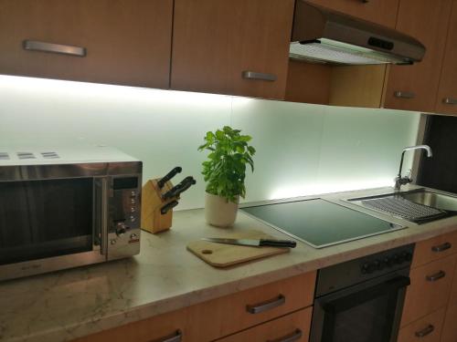 a kitchen with a microwave and a laptop on a counter at Appartementhaus Klammer in Sillian