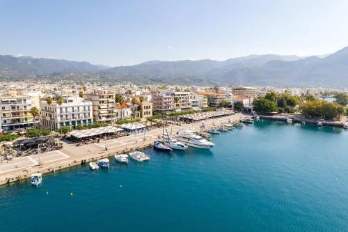 an aerial view of a harbor with boats in the water at Aigli Seafront Loft-Luxury Design Retreat in Kalamata