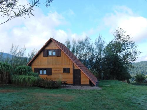 a small wooden house in a green field at Chalet in Dabo near Castle Ruins in Dabo