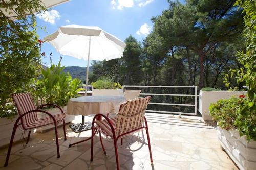 a table and chairs with an umbrella on a patio at Apartments Delic in Stari Grad