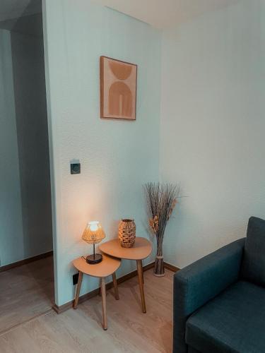a living room with a couch and a table with a lamp at Studio du voyageur, Gare, Centre, Europole, CEA in Grenoble