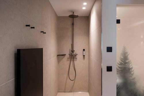 a shower stall in a bathroom with a shower at Neueröffnung ELVA PREMIUM APARTMENT HOTEL inklusive Sommerpass STUBAI SUPER CARD in Neustift im Stubaital