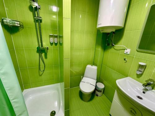 a green bathroom with a toilet and a sink at Raffaello in Rostoki