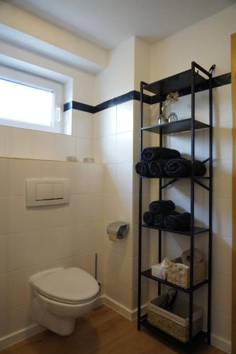 a bathroom with a toilet and a shelf with towels at Landliebe Rheinhessen in Bingen am Rhein