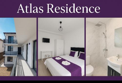 a collage of pictures of a bedroom with a bed and a bathroom at Vila Atlas Constanta in Constanţa