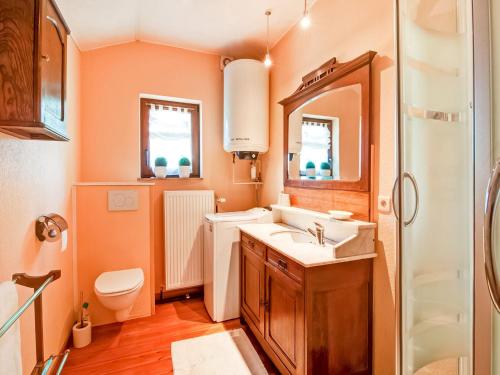 a bathroom with a sink and a toilet and a mirror at Holiday Home in Lierneux with Garden in Lierneux