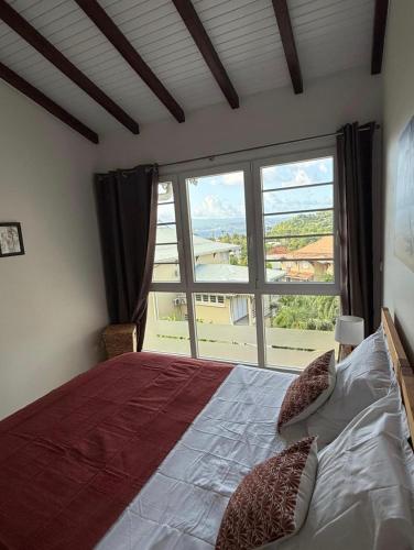 a bedroom with a bed and a large window at Appartement Elya Anse à l âne Vue Mer in Les Trois-Îlets