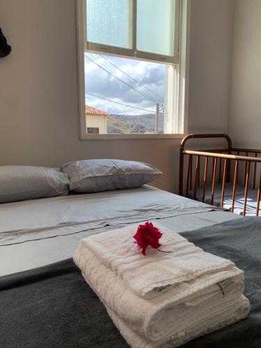 a bedroom with two beds with a red flower on them at Casa 420 in Diamantina